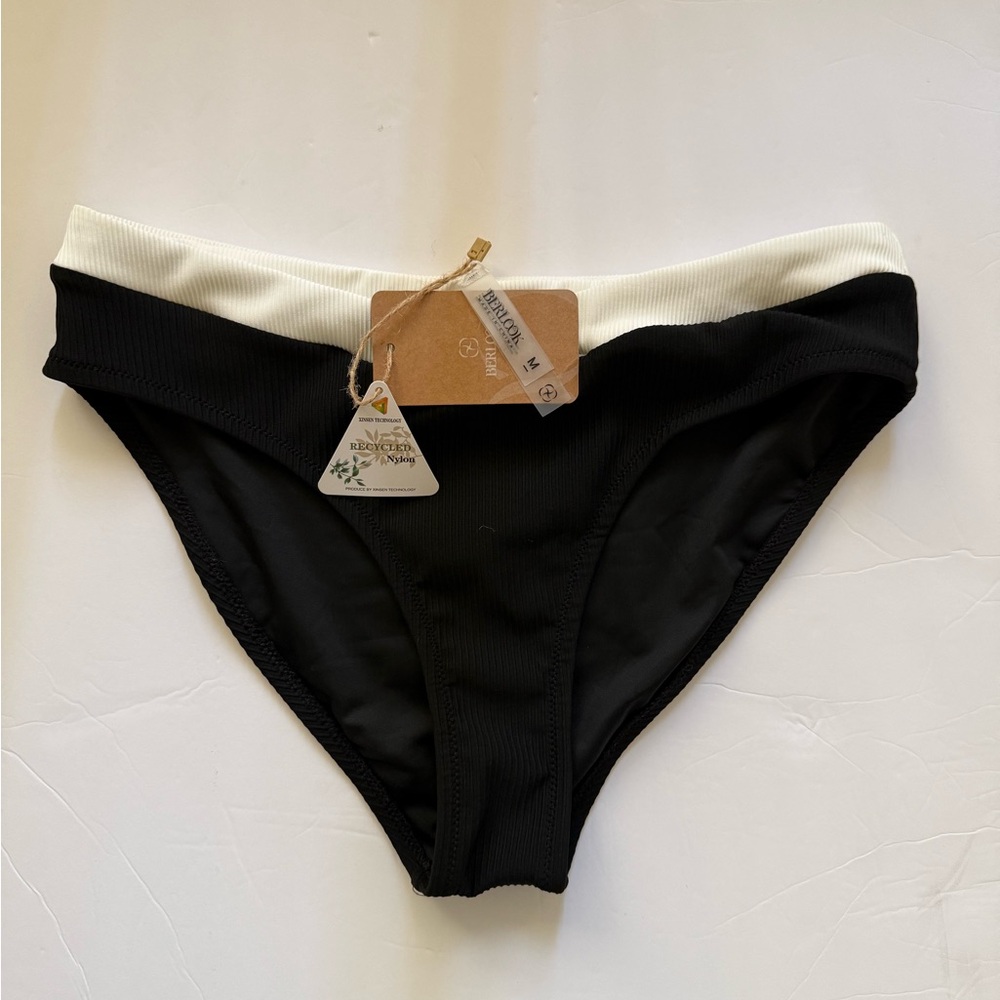 Ribbed Black Bikini Bottom with White Waist Trim